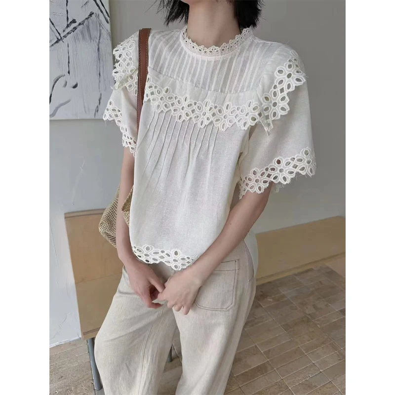 

French Style Embroidered Lace Hollow out Short Sleeve Shirt Women's Stand Collar Top Breathable Skin-Friendly Summer New Design
