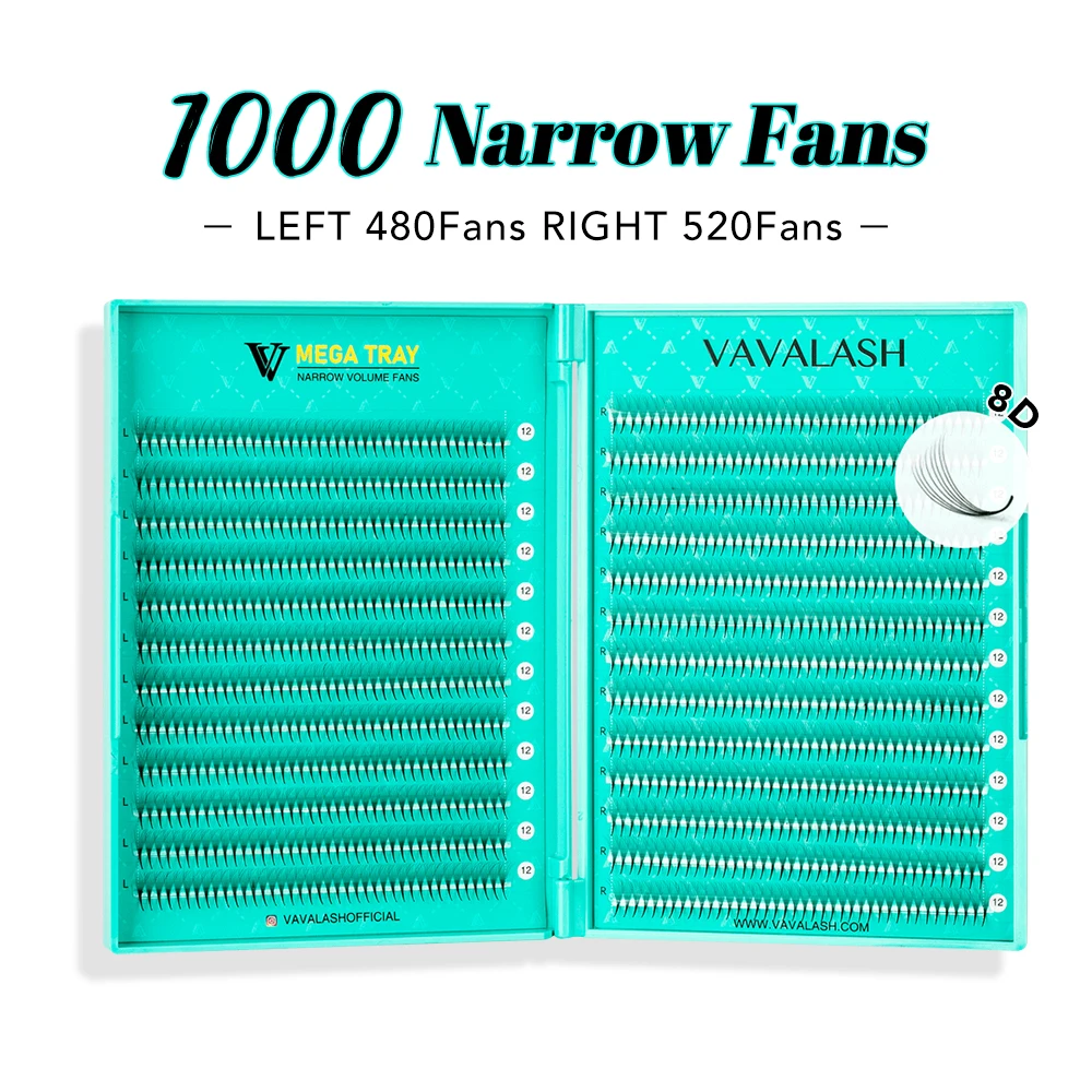 VAVALASH 1000 Fans Extensions de cils pré-faits en éventail, volume étroit 8D 10D, racine fine, base pointue, mix de cils pré-faits en éventail