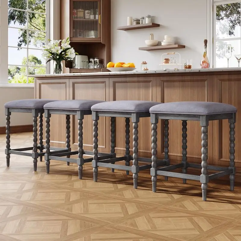 

Set of 4 Counter Stools with Upholstered Seat, Solid Acacia Wood Frame, Foam-Padded Seat, Open Airy Design for Kitchen Island