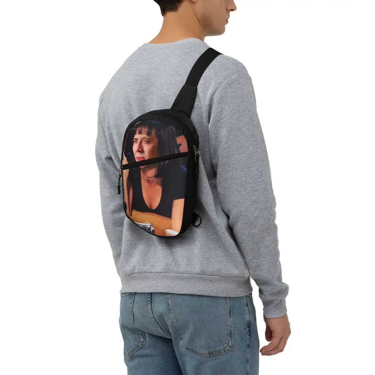 Moda Nicolas Cage Pulp Fiction Meme Sling Bag para viajar peito dos homens Crossbody mochila ombro Daypack