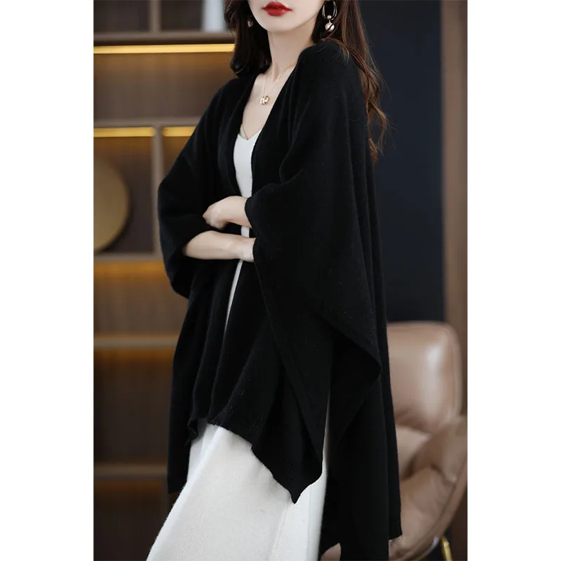 New high-end cashmere cape cape ladies oversized cardigan cape scarf oversized sweater solid color loose knitted 100% wool cape