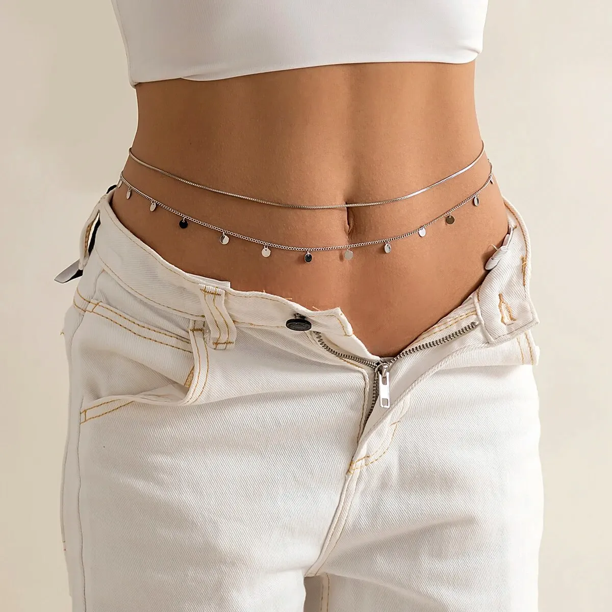 Ingemark 2Pcs/Set Sexy Sequins Belly Waist Chain for Women Summer Bikini Multilayer Thin Chain Body Jewelry Y2K Accessories New image 3