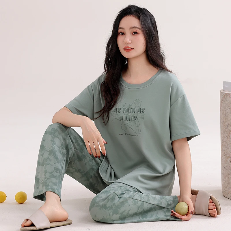 High Quality Summer Women Pajamas Set Female 100% Cotton Short Sleeve Homewear With Chest Pad