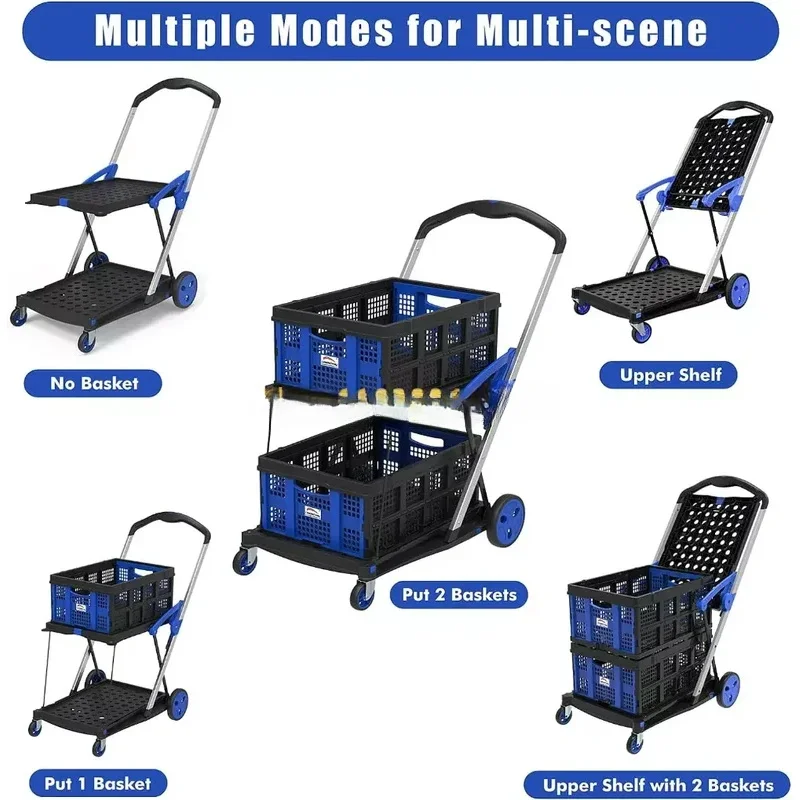 Grocery Shopping Cart With 2 Storage Crates Multi Use Functional Collapsible Carts Blue