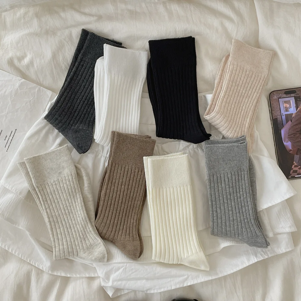 8 Pairs Women's Mid-calf Socks Set Japanese Style Socks White Autumn Casual Solid Color Girl School Socks High Quality Wholesale