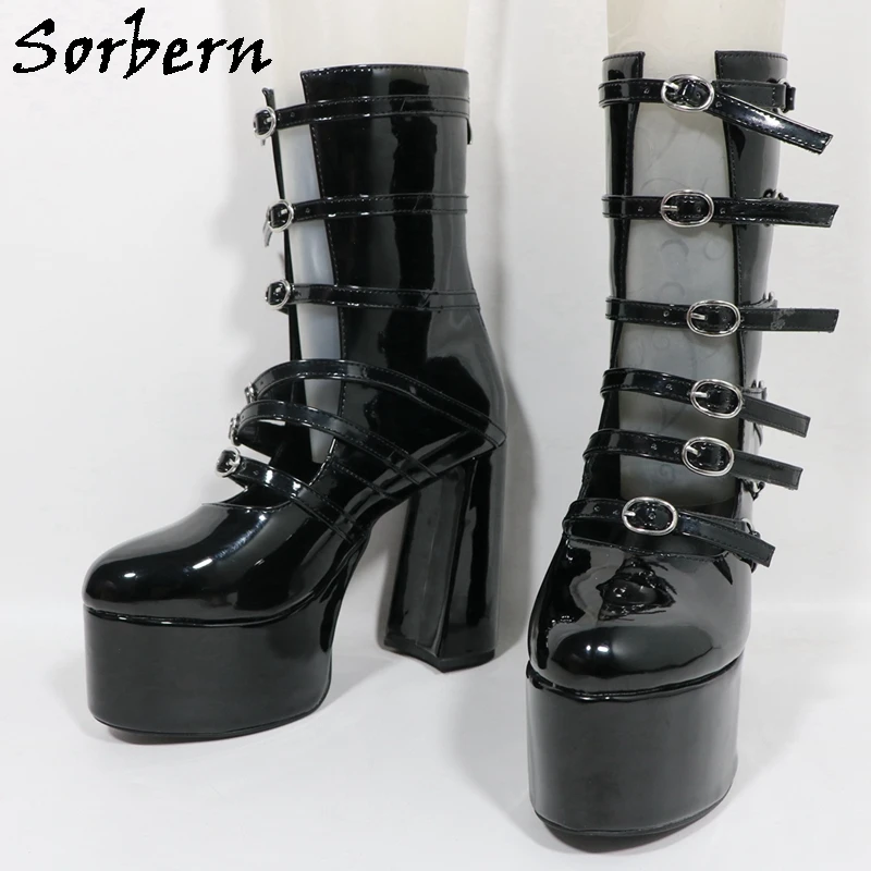 Sorbern Black Glossy Gladiator Style Ankle Boots For Women Block High Heel Visible Platform Shoes Short Booties Custom Colors