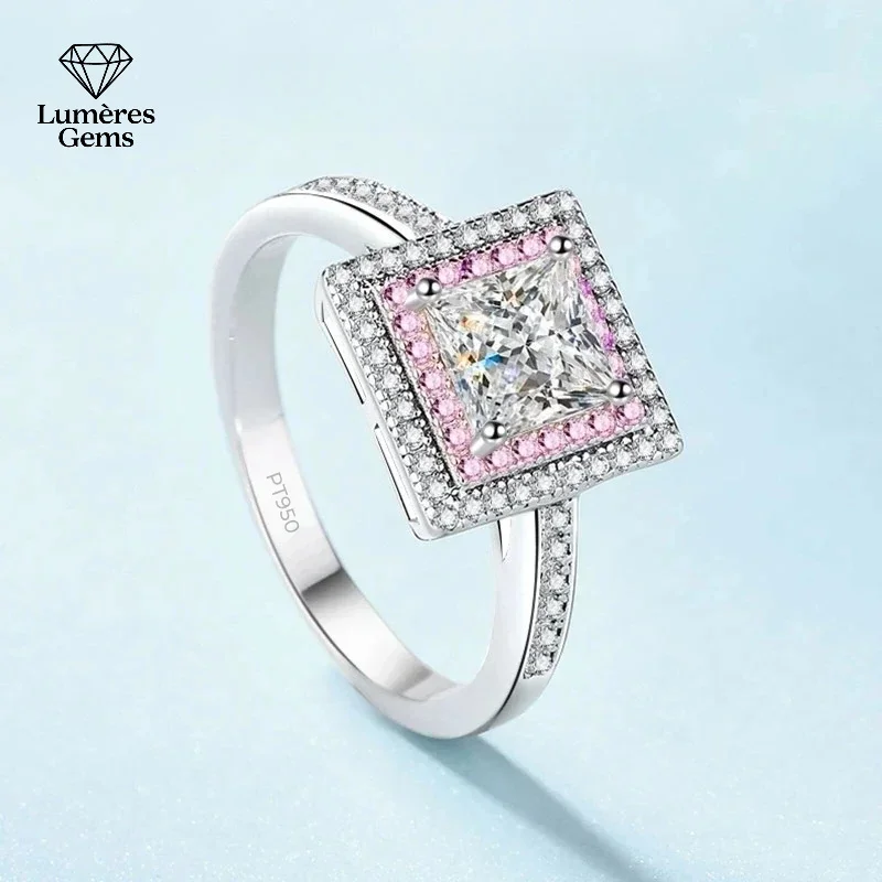 

New Style Square PT950 Platinum Girl Sweet Rings VVS1 D Color Moissanite 1Carat Diamond Luxury Temperament Women Wedding Ring