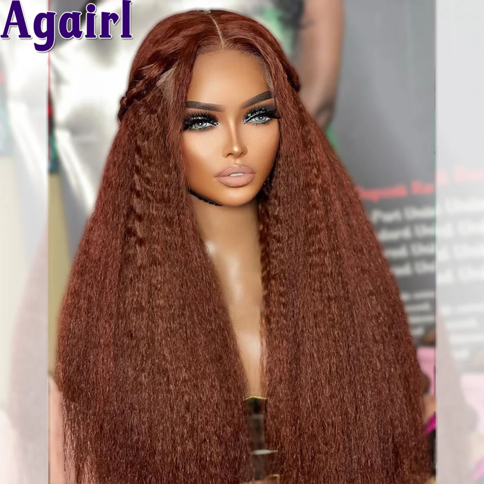 Reddish Brown Kinky Straight Human Hair Wigs PrePlucked Transparent 13x6 Lace Frontal Wig Peruvian 13X4 Ready Go Lace Front Wig