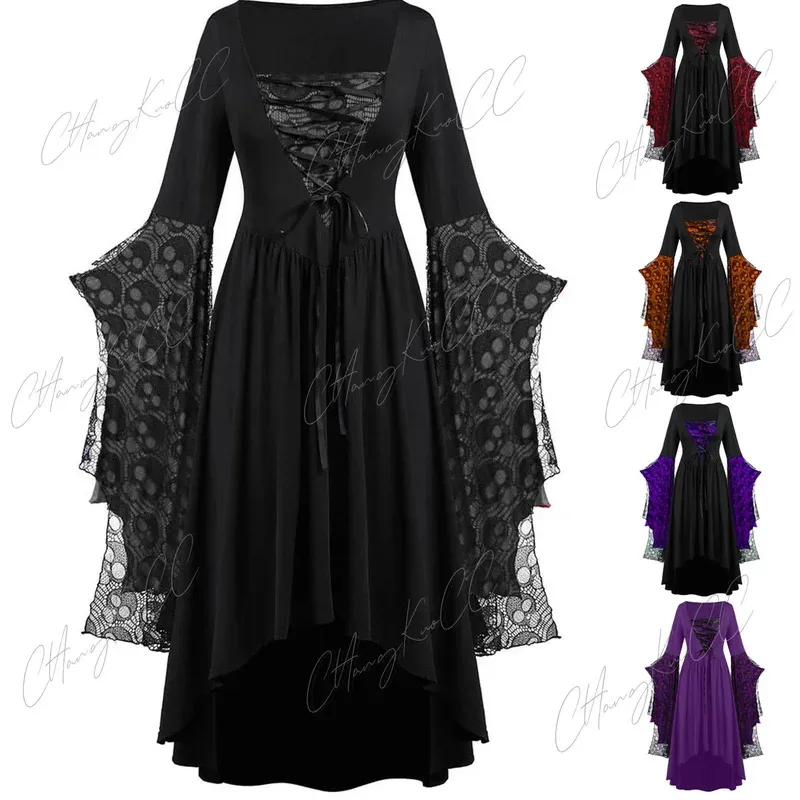 

XT8Vintage Halloween Cosplay Costume Witch Vampire Gothic Dress Dresses Up Party Printed Medieval Ghost Bride Female XT6@!