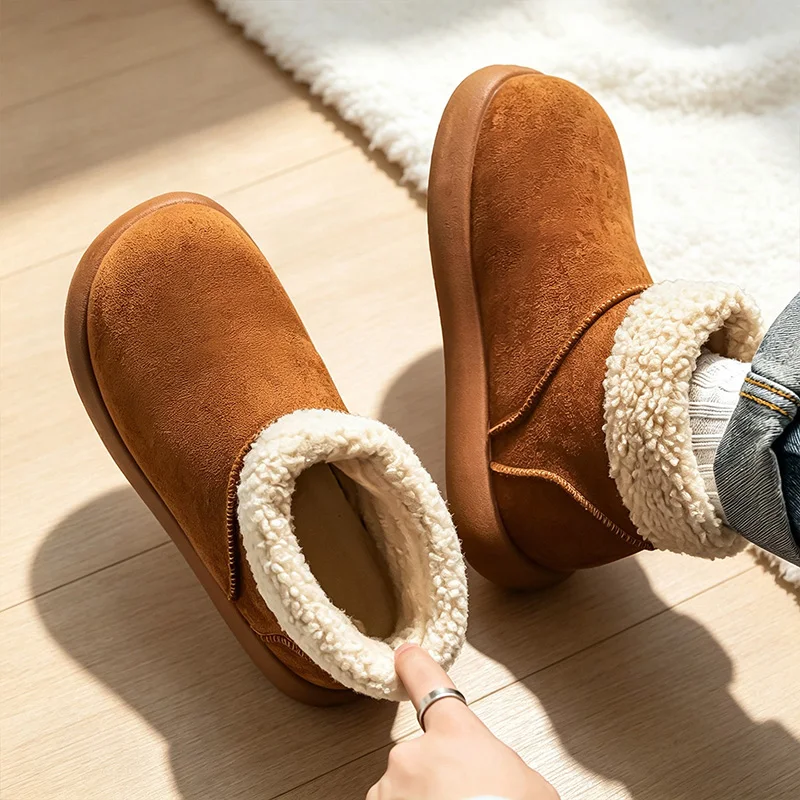 Men's snow boots for autumn and winter, with added fleece and thickened insulation, warm cotton shoes for both men and women, outdoor warm fur short boots with thick soles, height-increasing and non-slip