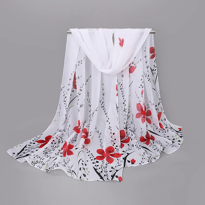 Simulation Seidenschal Damen Blumendruckmuster Chiffon Schal Lange Gaze Leichter Halstuch Modischer Schal Hijab