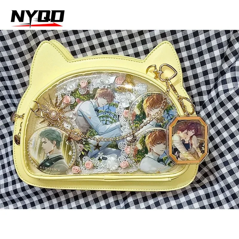 

Y2K Cute Cat Shoulder Handbag Transparent Crossbody Lolita Ita Bag Anime Sweet Girl Kawaii Badge Display Messenger Bag for Girls