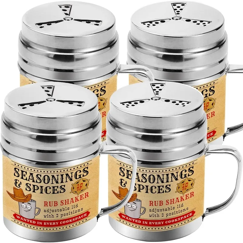 

CUSINIUM [Pack of 4] 10 oz Seasonings Spice Shakers - BBQ Dry Rub Shakers - Cooking Dredge with Adjustable Fan-Style Lid and Han