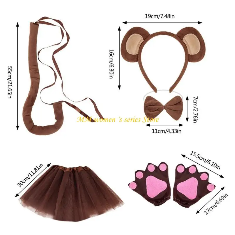 Q39C Monkey Kostüm Affen Ohrstirnband Heck Bowtie Handschuh und Rock für Kinder Cosplay