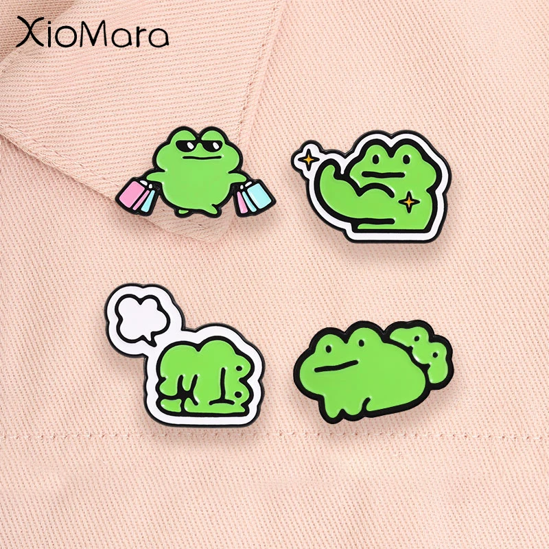 Cartoon Green Frog Enamel Pins Funny Shopping Muscle Frog Cute Animal Brooches Lapel Backpack Badge Jewelry Gifts for Friends