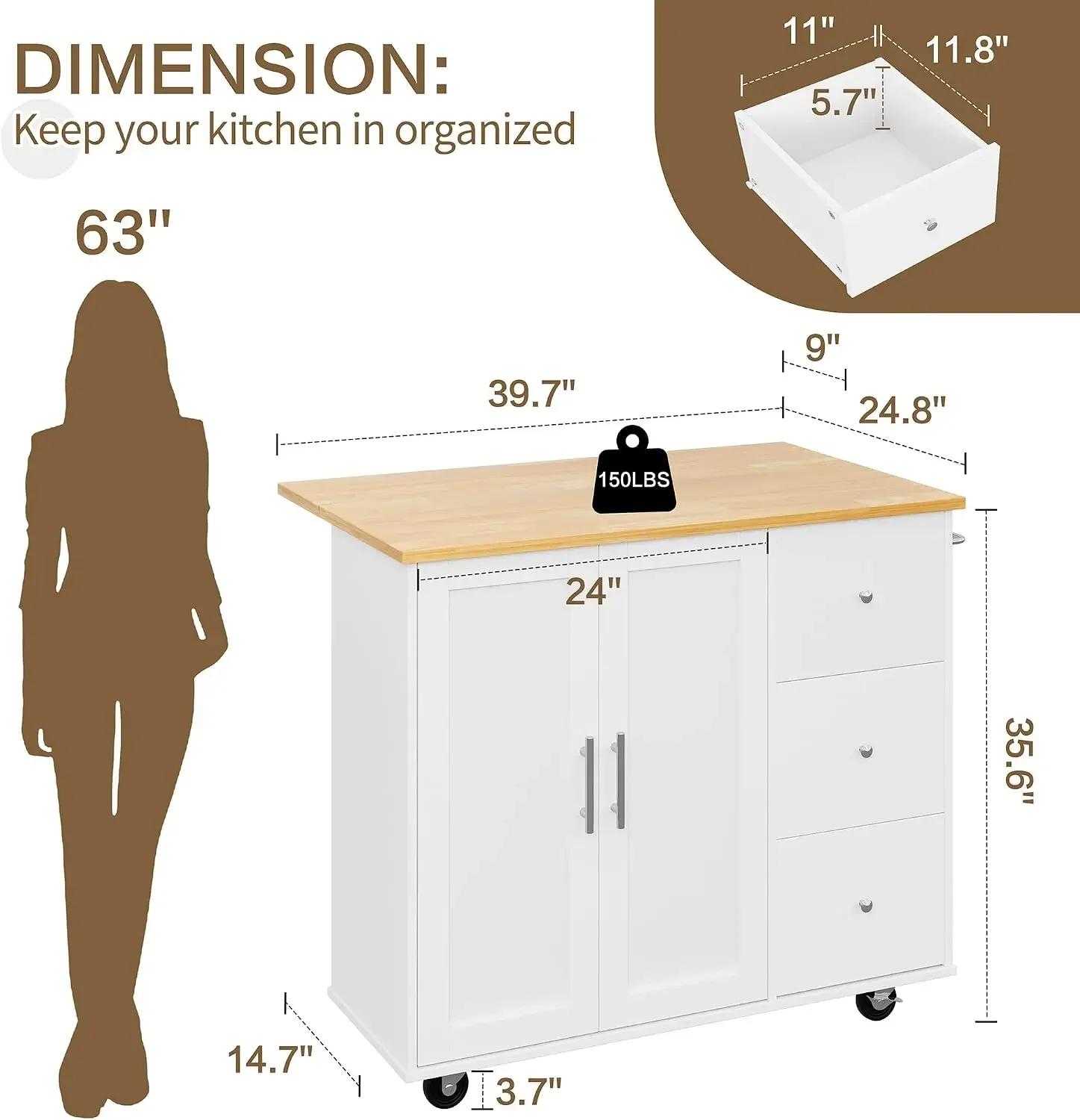 Kitchen Island with Storage Cabinet & Foldable Drop Leaf, Buffet Sideboard Cabinet, Cart Handle for Towel Rack, Drop Leaf