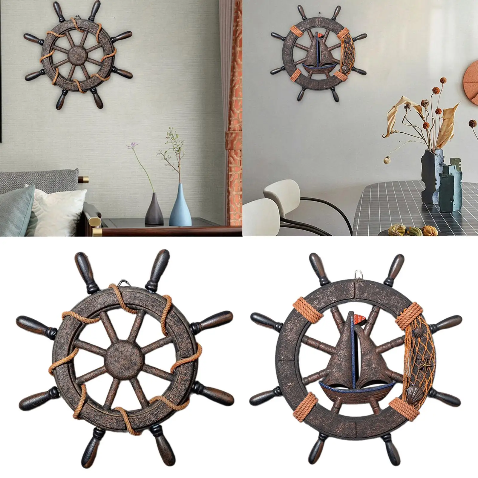 Wall Art Decor Prop Nautical Wheel Boat Rudder Wooden Ship Steering Wheel Wall Sculpture for Restaurant Bar Bedroom Living Room