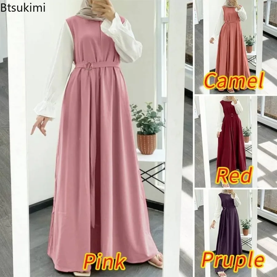 Kadınlar için 2023 Moda Müslüman Elbiseler Abayas Rahat Patchwork Uzun Kollu Maxi Elbise Kemer ile Suudi Arapça Kaftan Robe vestidos