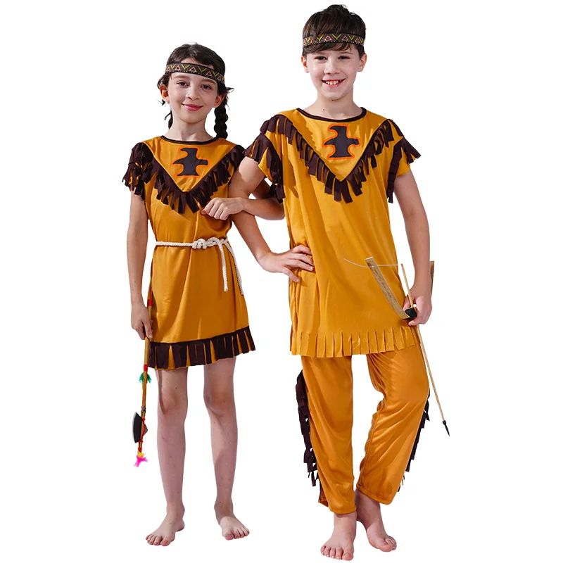 

Halloween Children Native American Cosplay Costume Holiday Party Funny Dress Set Brown Fashion Stage Performance Clothes