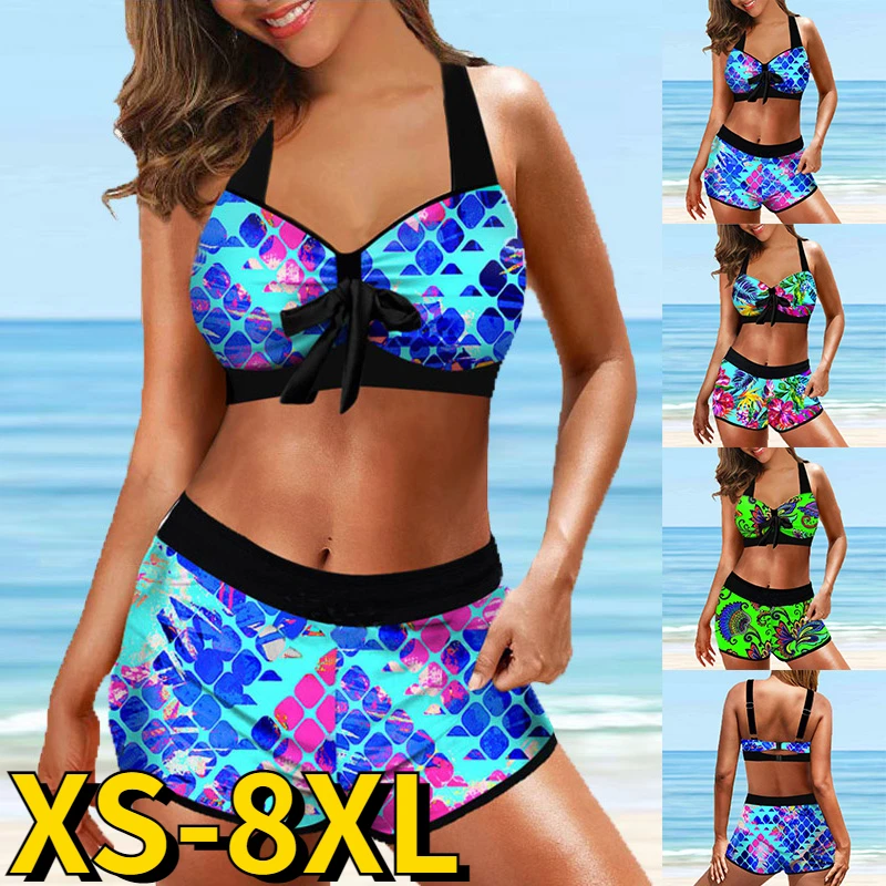 Conjunto de biquíni sexy vintage estampado feminino, maiô feminino tamanho solto, moda praia, moda praia verão, cintura alta, 2 peças, 2022