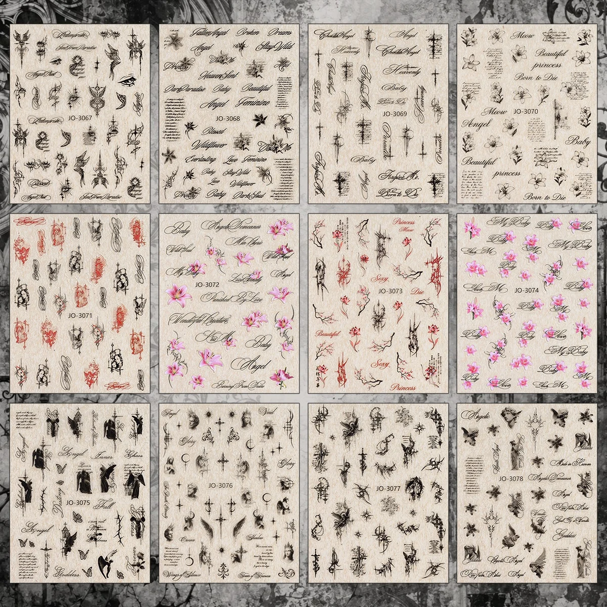 3 to 12 Sheets 3D Gothic Angel Cross Wings Script Lily Flower Vintage Tattoo Dark Academia Self-Adhesive Nail Art Stickers