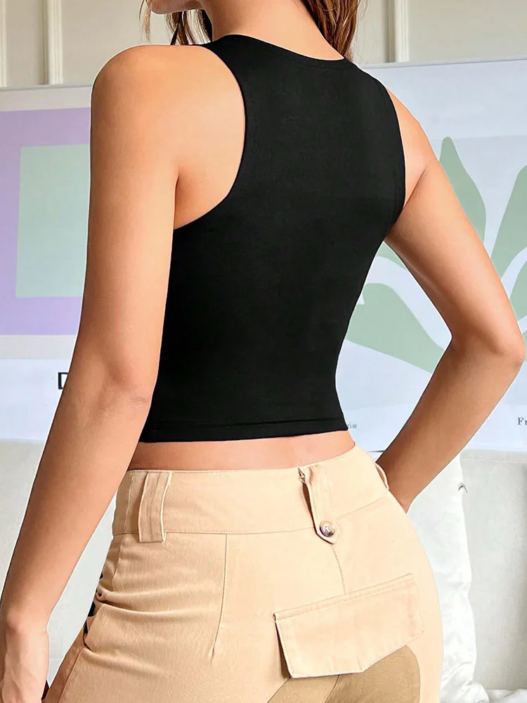 Black double hollowed out I-shaped vest, women's small round neck slim fit short style, spicy girl inner top
