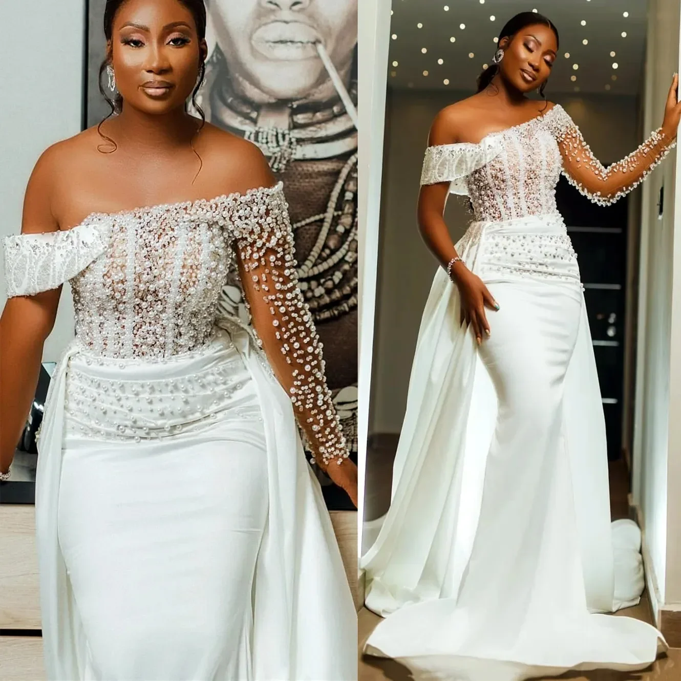 Customized Off the Shoulder Sparkly Pearls Beads Wedding Dress Robe De Mariée Detachable Train Mermaid  Long Sleeve Bridal Gown