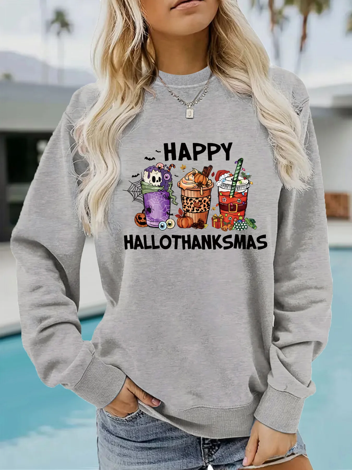BKLD Autumn And Winter Long Sleeve Tops Round Neck Fashion HAPPY HALLOTHANKSMAS Printed Pullover Sweatshirt Women Clothing