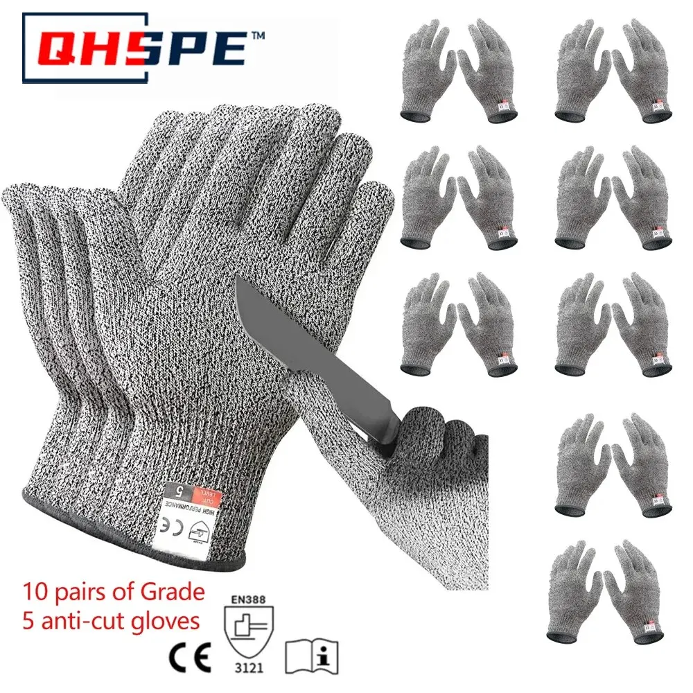 10 Pairs of Grade 5 Anti-cutting Gloves Kitchen HPPE Anti-scratch Glass Cutting Safely Protects Gardeners