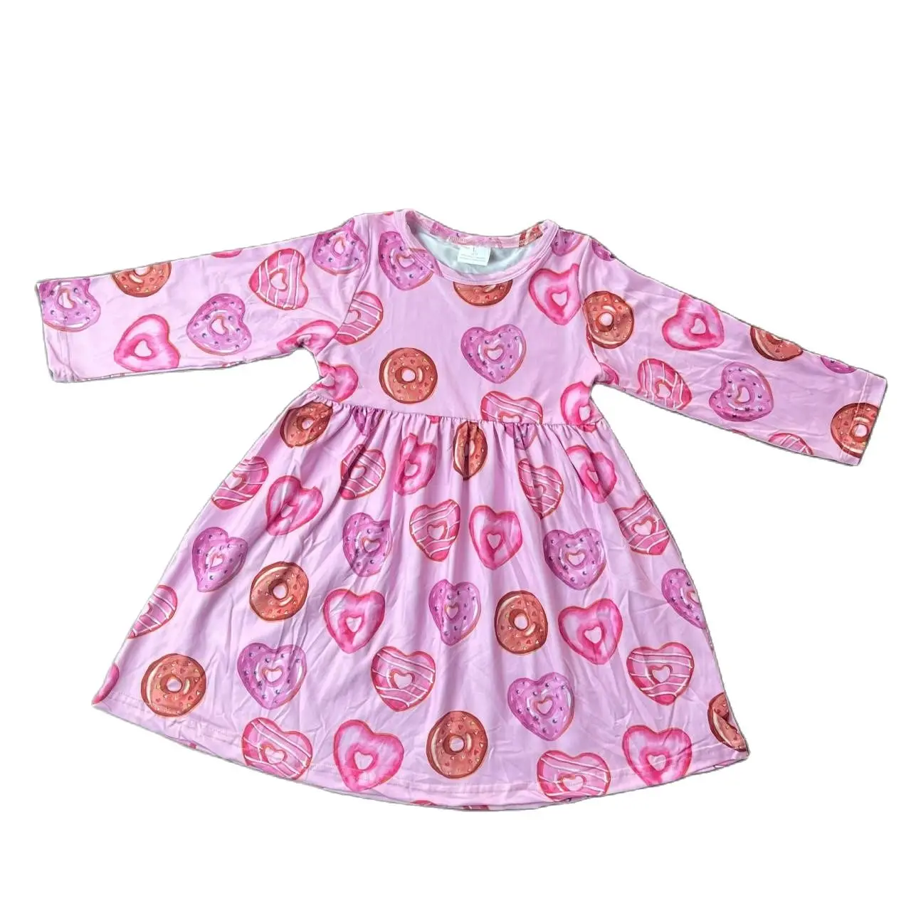 Donut Print Pink Dress Cute Baby Girl Fall Clothing Long Sleeve Skirt Knee Length Infant Kids Dress