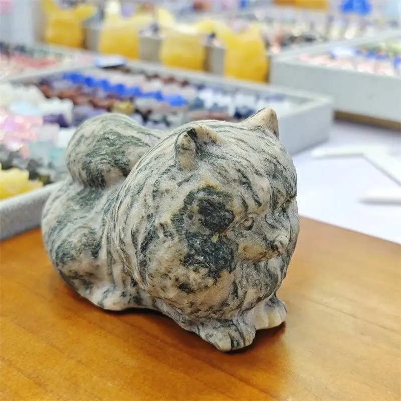 

10CM Natural Tigerite Pomeranian Dog Carving Crystal Love Healing Fengshui Gemstones HomeDecoration Holiday Gift 1PCS