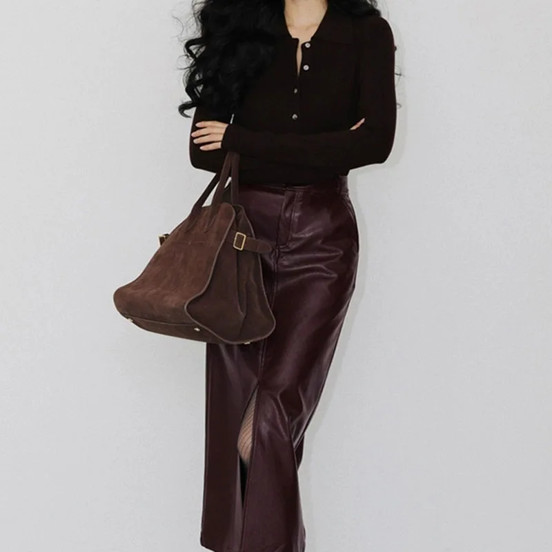 Spring Real Leather Long Skirt for Women Wrap Hip Front Split Back Waist Elastic French Style Female Burdundy Slim Pencil Faldas