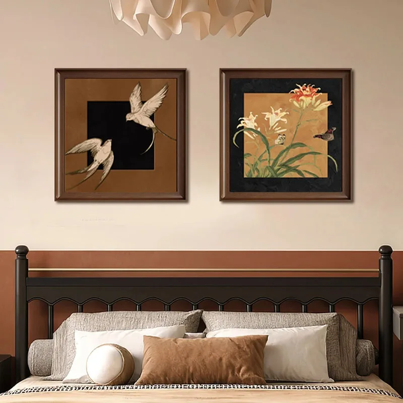 2Pcs Swallow Framed Wall Art, Chinese Oriental Bird Flower Painting Poster, Wood Frame Decor for Entryway Living Room Wall