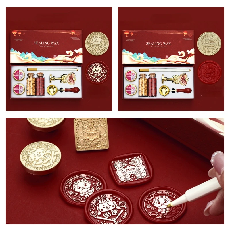 New Dragon Wax Sealing Particles Stamps Scoop Handle Set with Gift Box DIY Scrapbooking Greeting Card Invitation Decor Craft