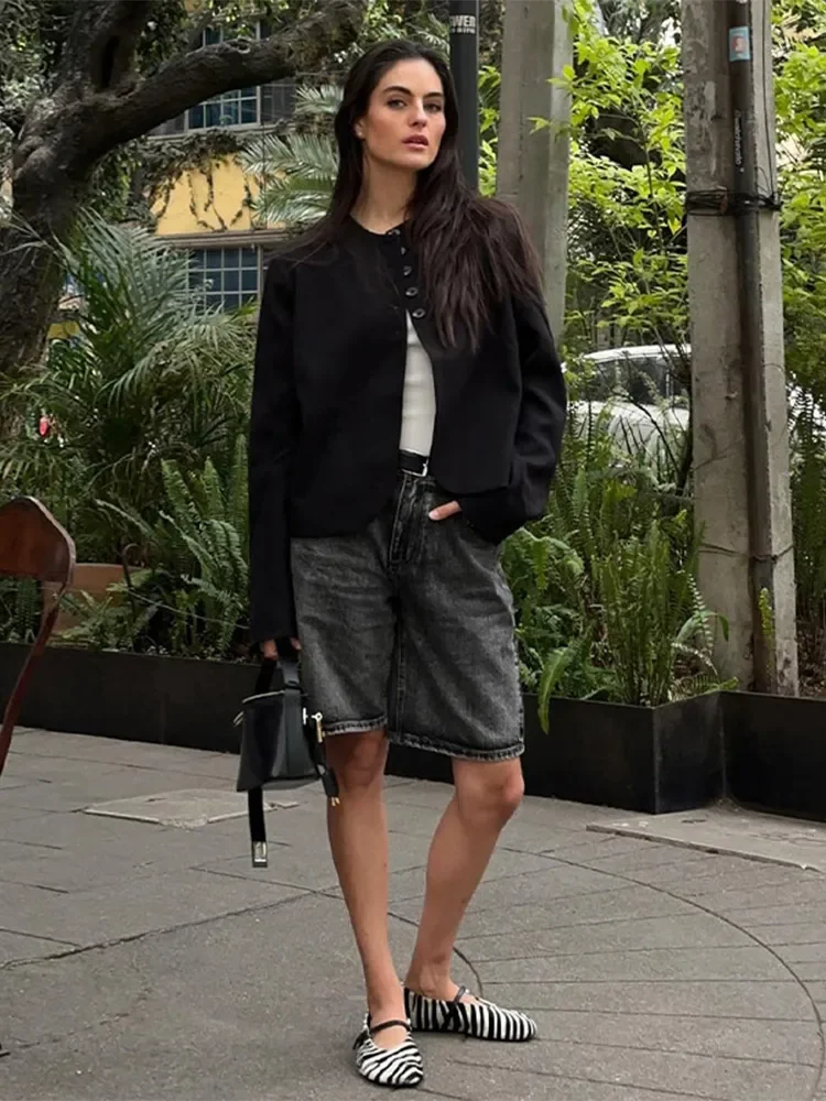 

Street Single Breasted Women 's Blazer Coat O-neck Shoulder Pad Full Sleeve Jacket Female 2025 Summer Lady Commute Streetwears