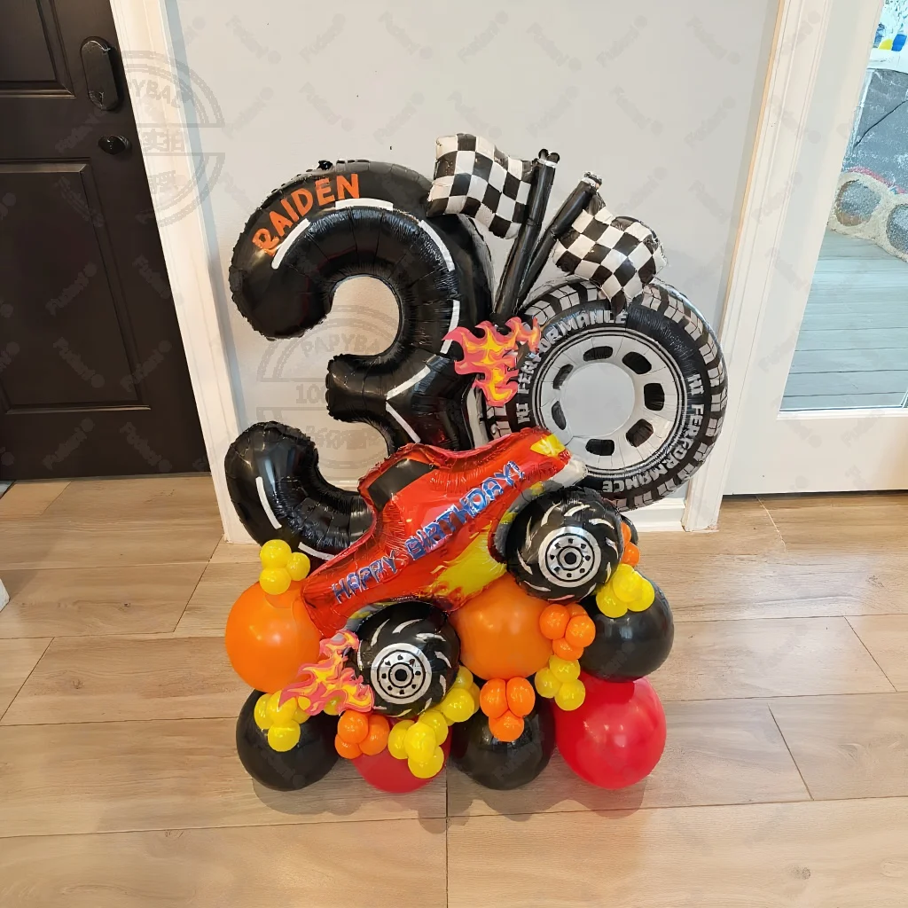 61 قطعة سباق السيارات موضوع الإطارات احباط بالون مجموعة متقلب العلم 1-9 سنة بنين حفلة عيد ميلاد الديكور سحب سريع استحمام الطفل #3
