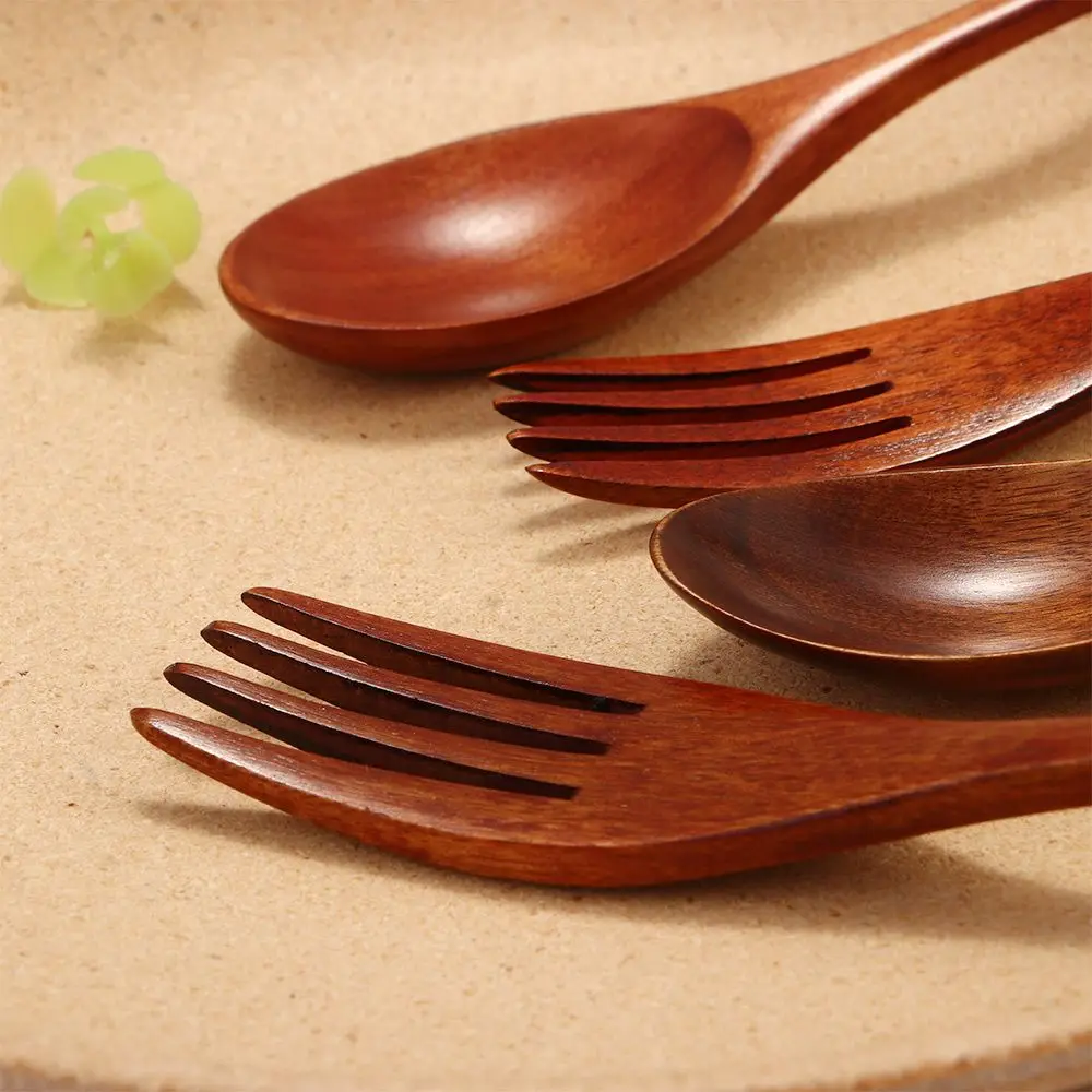 Wooden Natural Rice Soups Kitchen Supplies Utensil Spoon Tableware Fork Dinnerware Sets