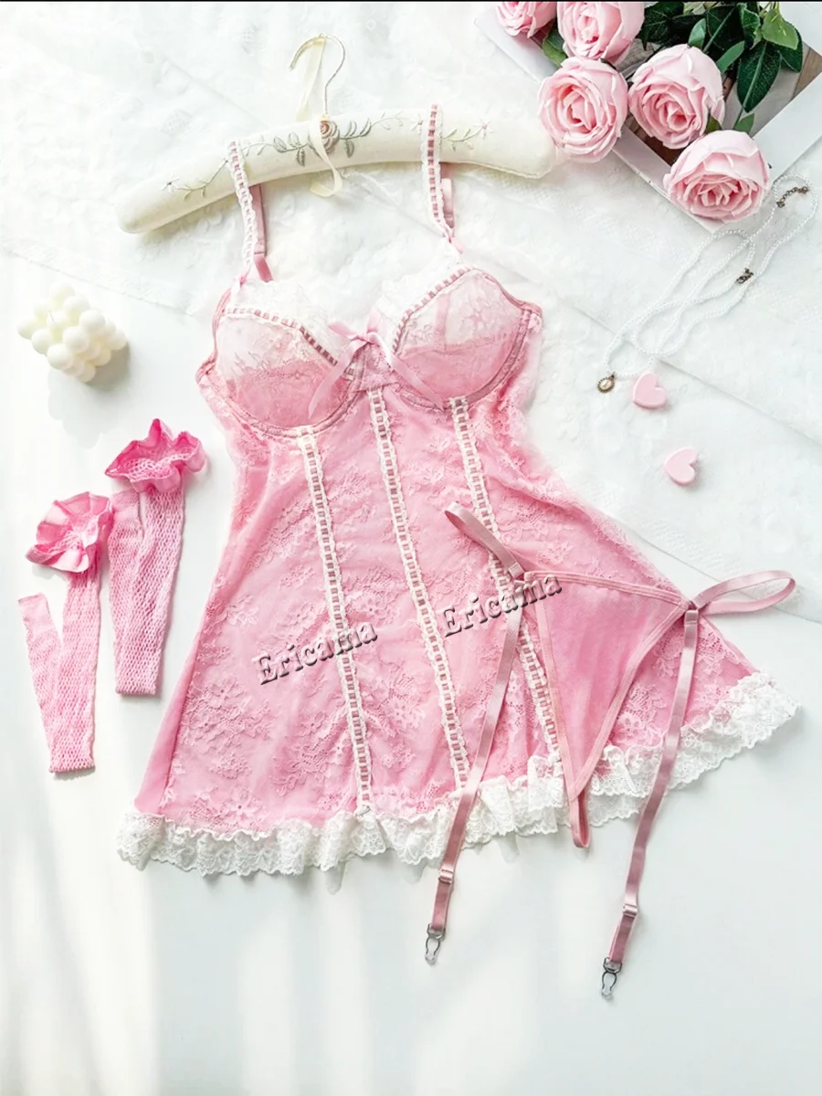

Комплект эротического нижнего белья, сексуальное женское белье, девчачье розовое корсетное платье с чулками, стринги, подтягивающие одинаковые кружевные сексуальные бюстгальтеры и трусики