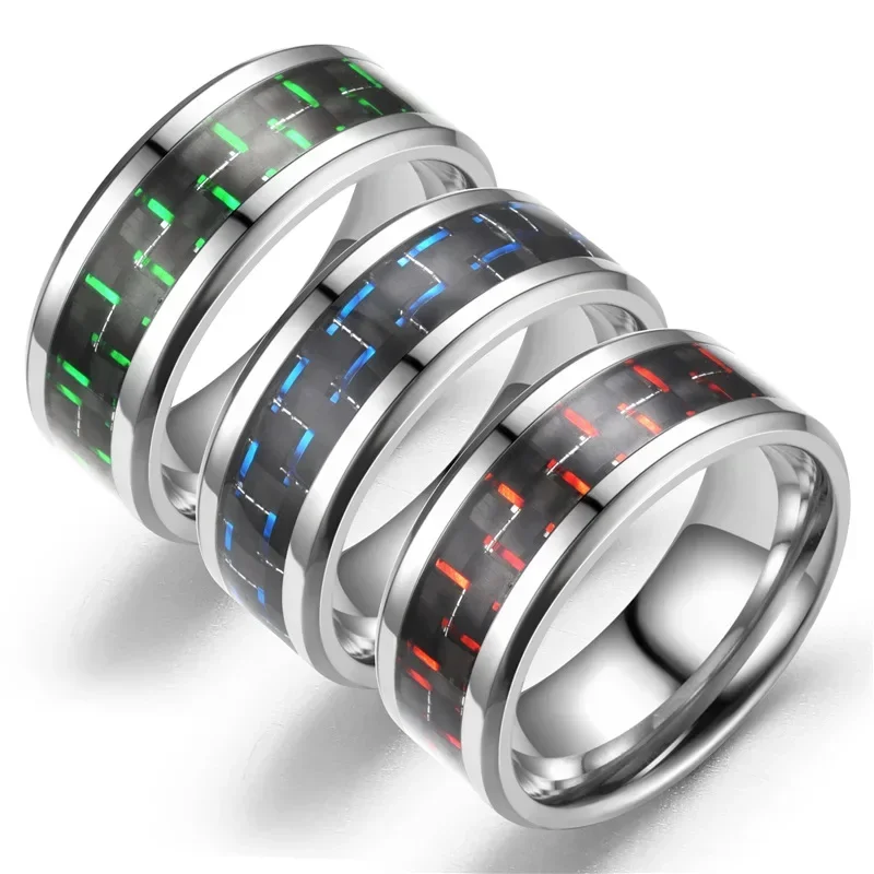 Anillo de acero inoxidable negro de 8mm para hombre, anillos de fibra de carbono azules con incrustaciones, 6 colores, regalo de joyería para boda, venta al por mayor