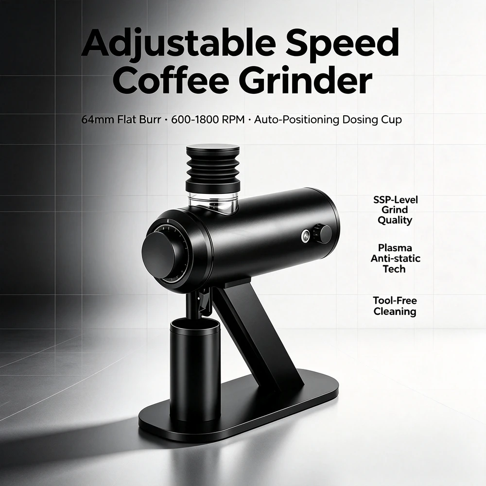 HomeWise J64 Adjustable Speed Coffee Grinder 64mm Titanium Flat Burr SSP-Compatible Plasma Anti-Static for Espresso Pour-Over