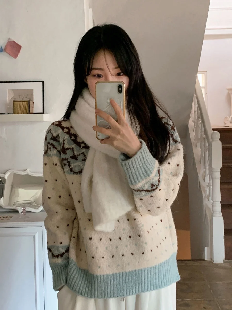 

Korean Sle Long Sve Knitted Sweater Women's Loose Lazy Faion Autumn Winter New Arrival Sweet Pattern Embroidery Top