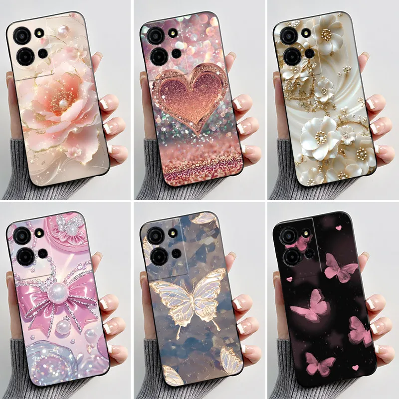 Funda con estampado para TCL K33 5G (T513Z), Funda TCL K32 5G (T513W), carcasa de silicona suave, carcasa negra con dibujos de flores bonitas