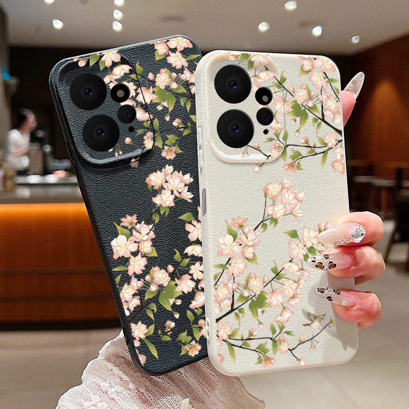 Leather Texture Silicone Phone Case For Xiaomi 13T Pro Funda Redmi Note 13 14 11 12 Pro 5G Pink Cherry Blossom Sakura Cover