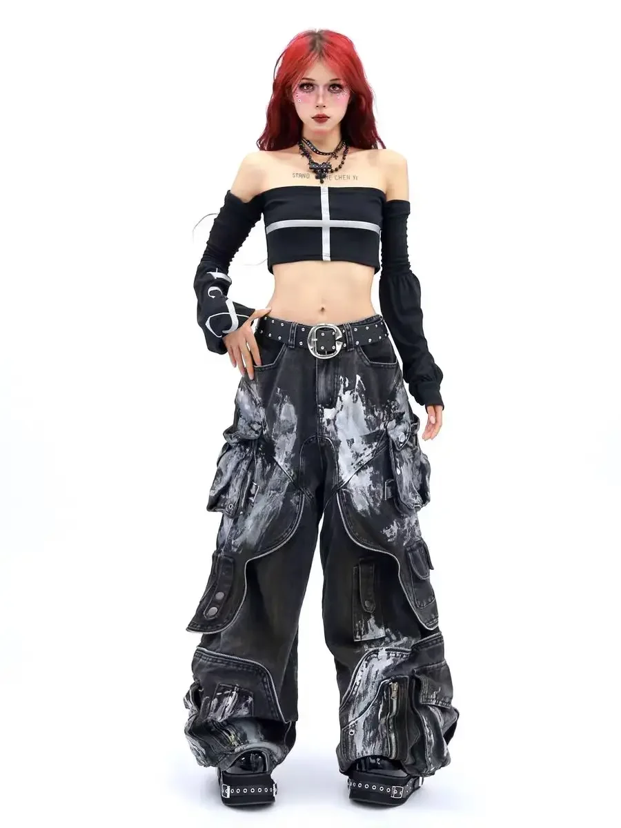 IMU American Oversized Retro Pocket Folding Jeans For Men And Women Washed Tie Dye Heavy Industry Gothic Hip-Hop Zipper Loose Je