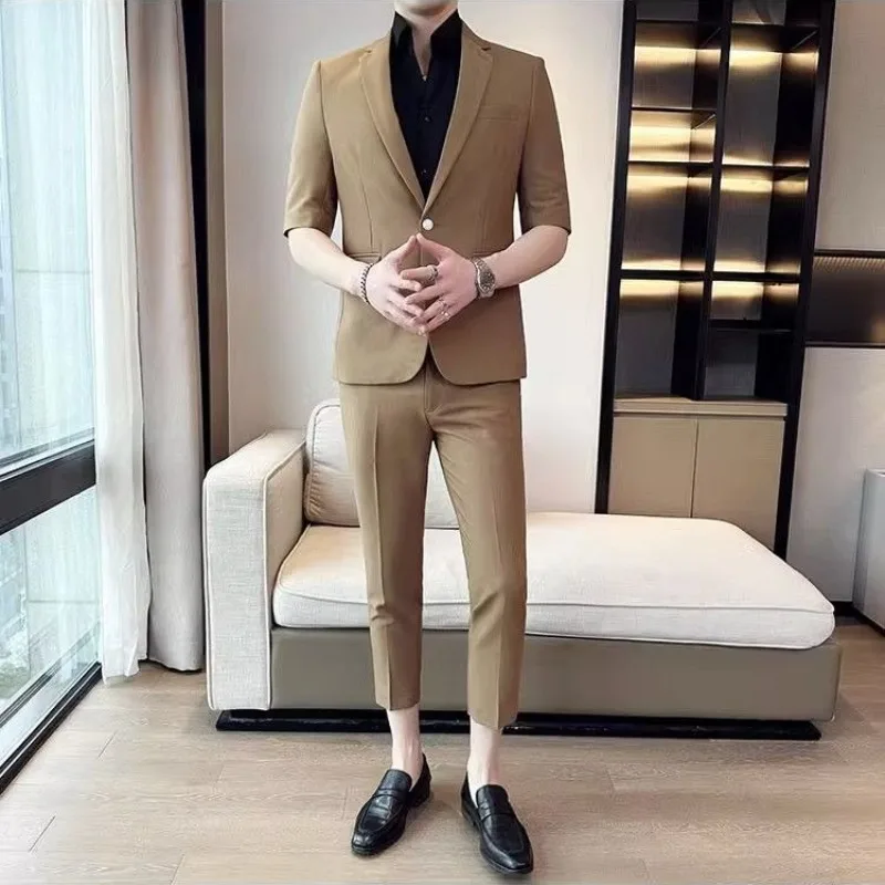 Men's Seven Quarter Sleeve Summer Thin Fit Sophisticated Cool Casual Korean Style Blazer Jacket Outfit