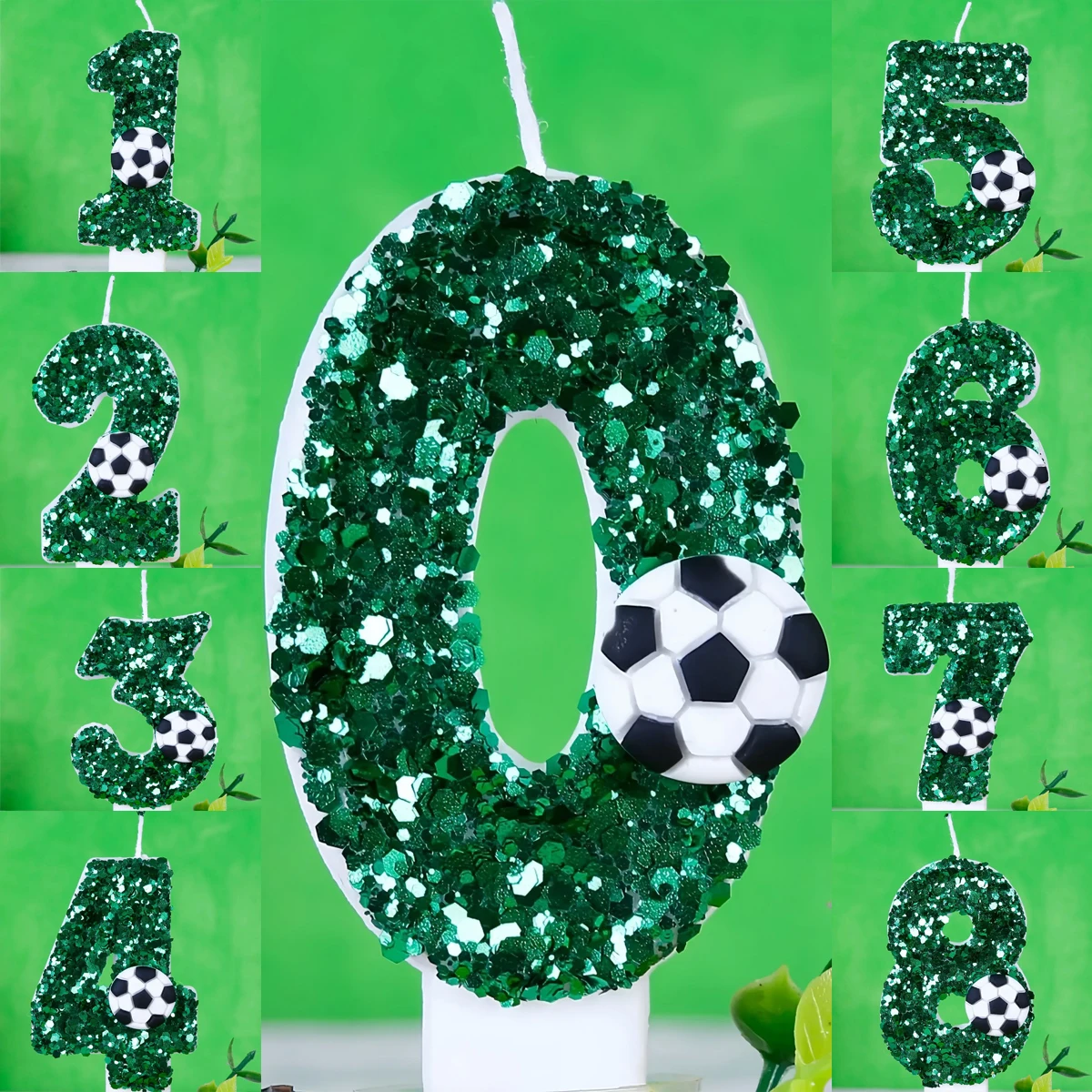 

Серия 3D-свечей для торта «Мальчик» в виде футбольных мячей, зеленые, с цифрами от 0 до 9 – креативное украшение для праздничного торта