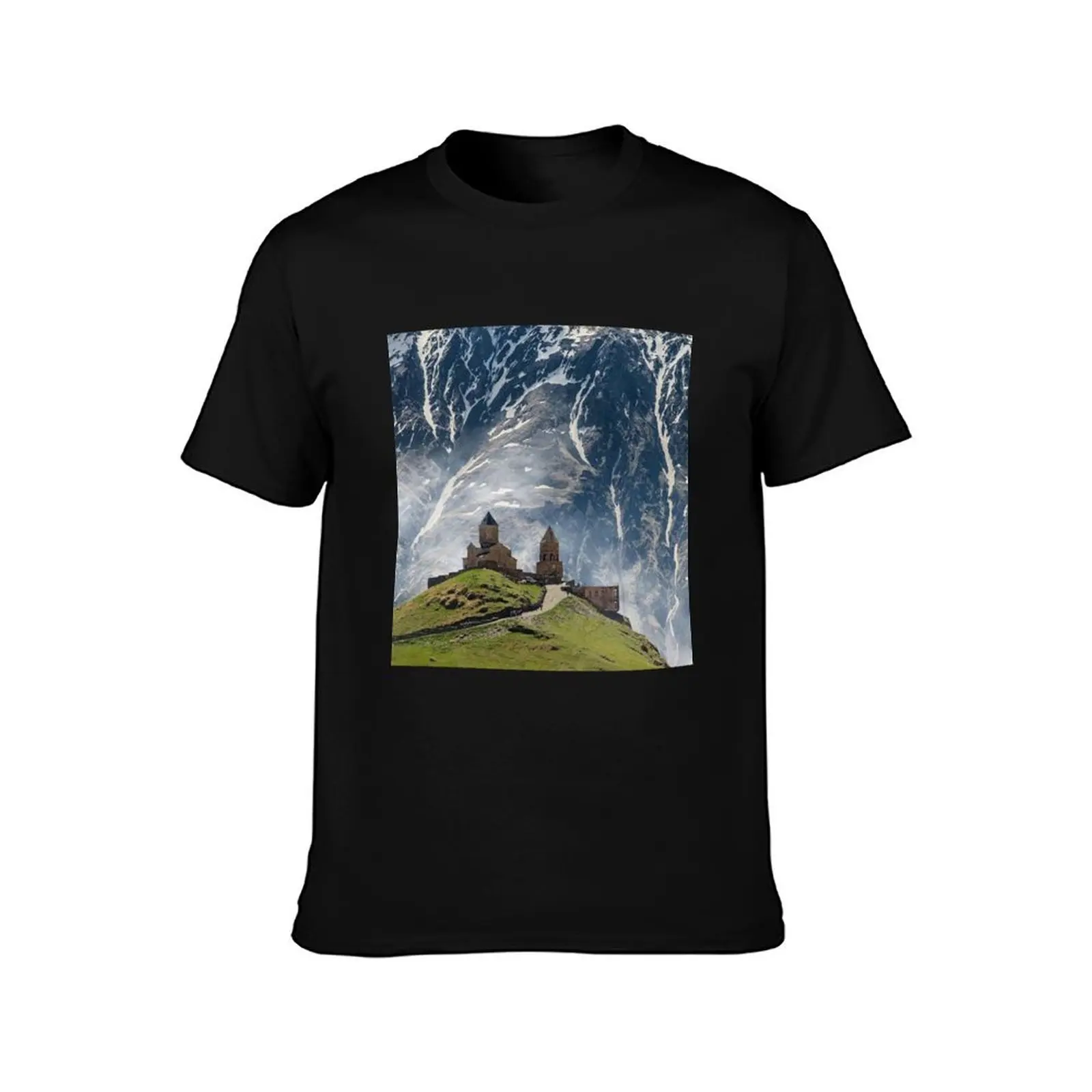 Gergeti Trinity Church Georgia, Caucasus Mountain as a back drop T-Shirt Quick Dry Fishing T-Shirt