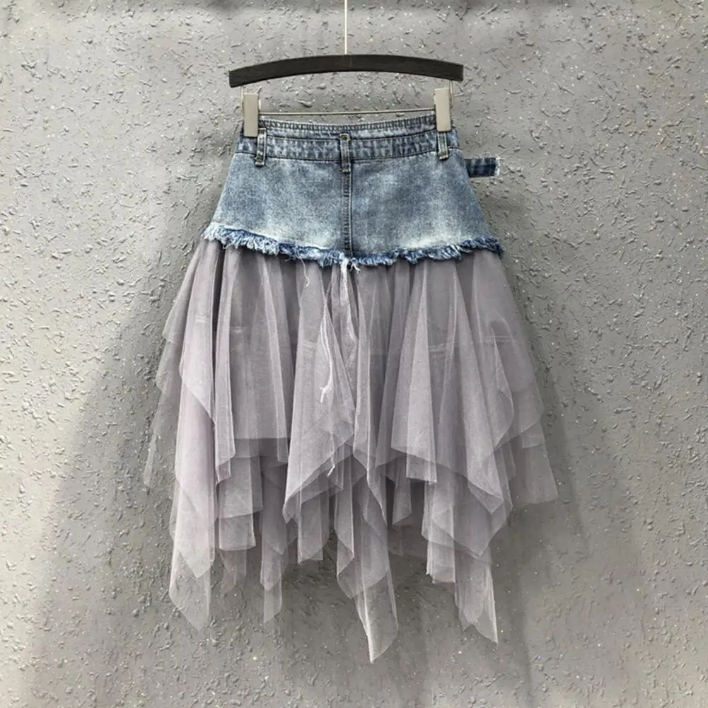 Women A-line Skirt Stylish High Waist Denim Mesh Yarn A-line Skirt for Women Irregular Hem Versatile Work Leisure Wear Wardrobe