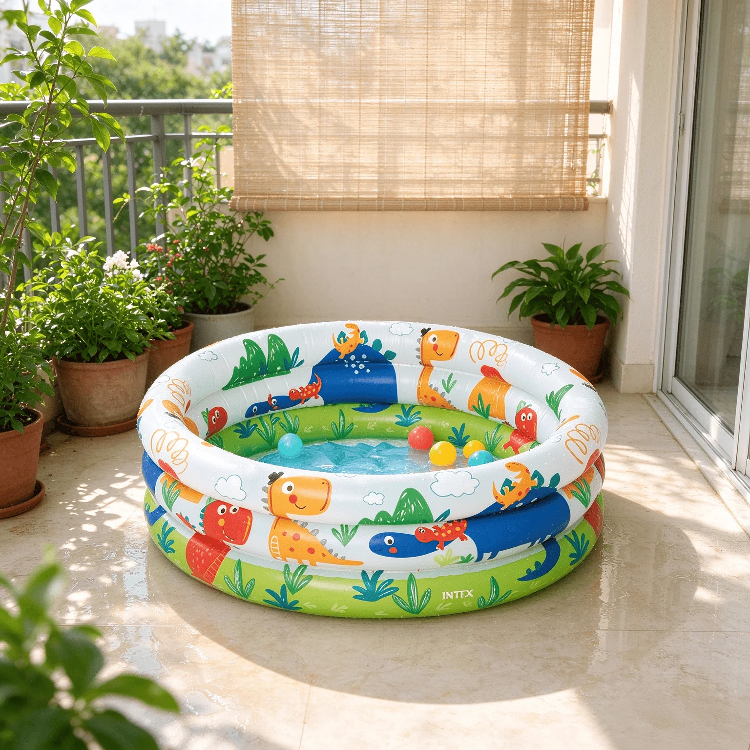 1 pcs Portable Inflatable Kids Wading Pool with Cartoon Dinosaur Prints, 3-Ring Round Inflatable Bath Tub for Toddler Summer Par