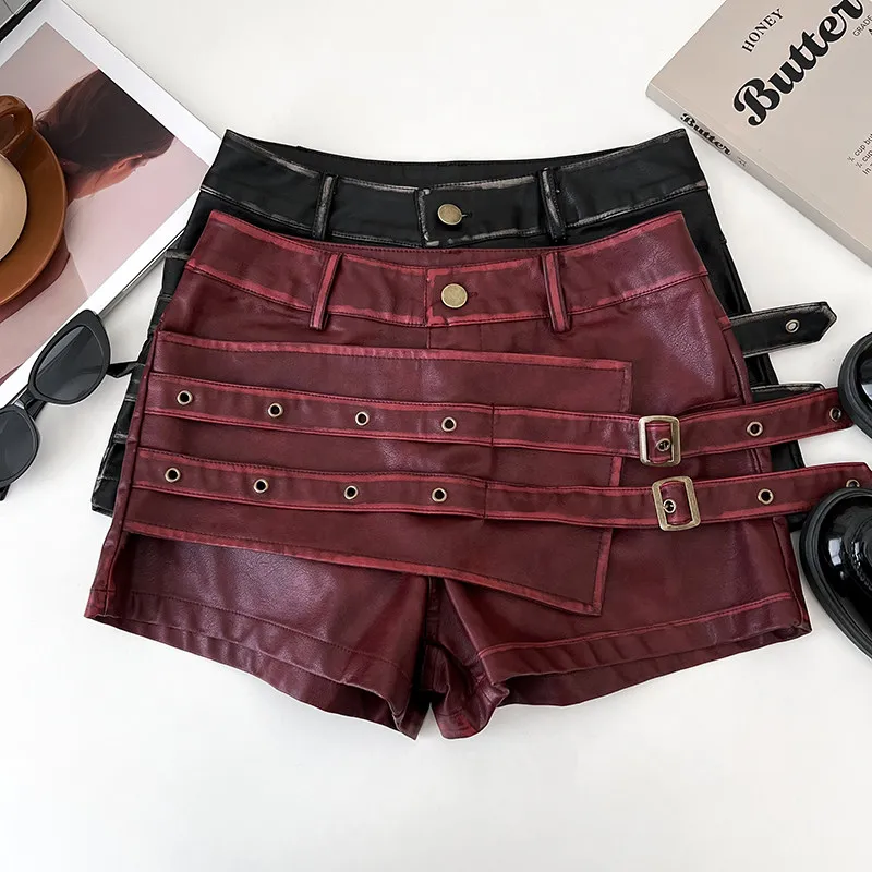 Women Burgundy Mini Shorts High Waist PU Leather Short Pants Retro American Y2k Gyaru Punk Gothic Wide Leg Hot Pants Summer 2026